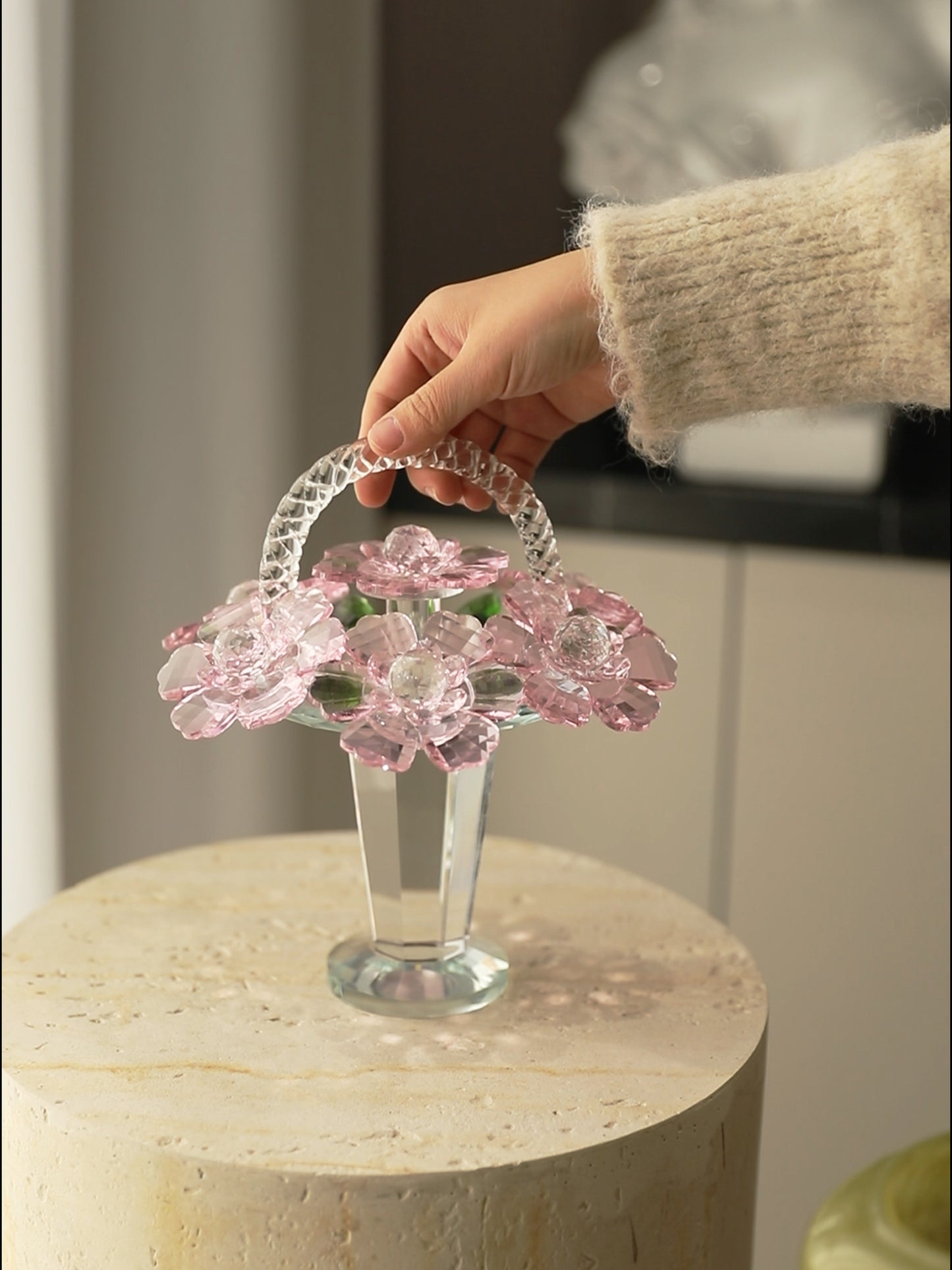 Pink Crystal Flower Basket Figurine, Decorative Floral Tabletop Sculpture