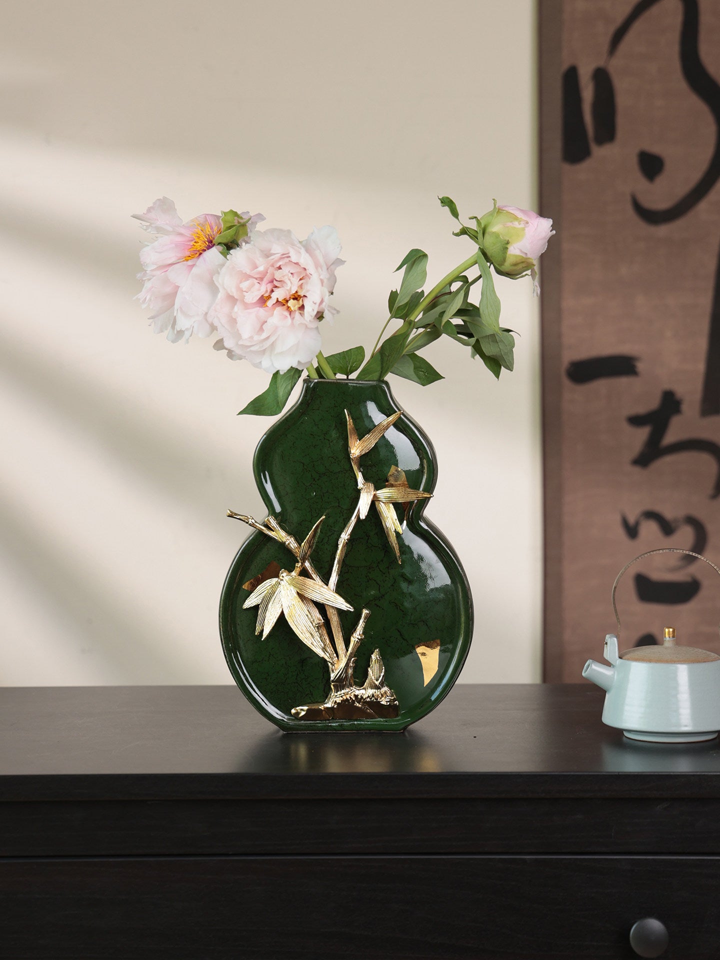 Green Ceramic Gourd Vase with Gold Bamboo Accent, Decorative Table Vase