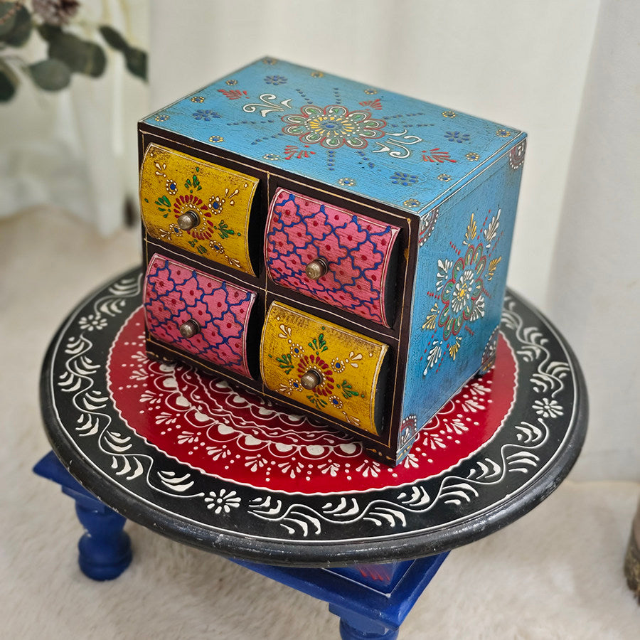Hand-Painted Wood Jewelry Box with 4 Drawers, Turquoise Floral