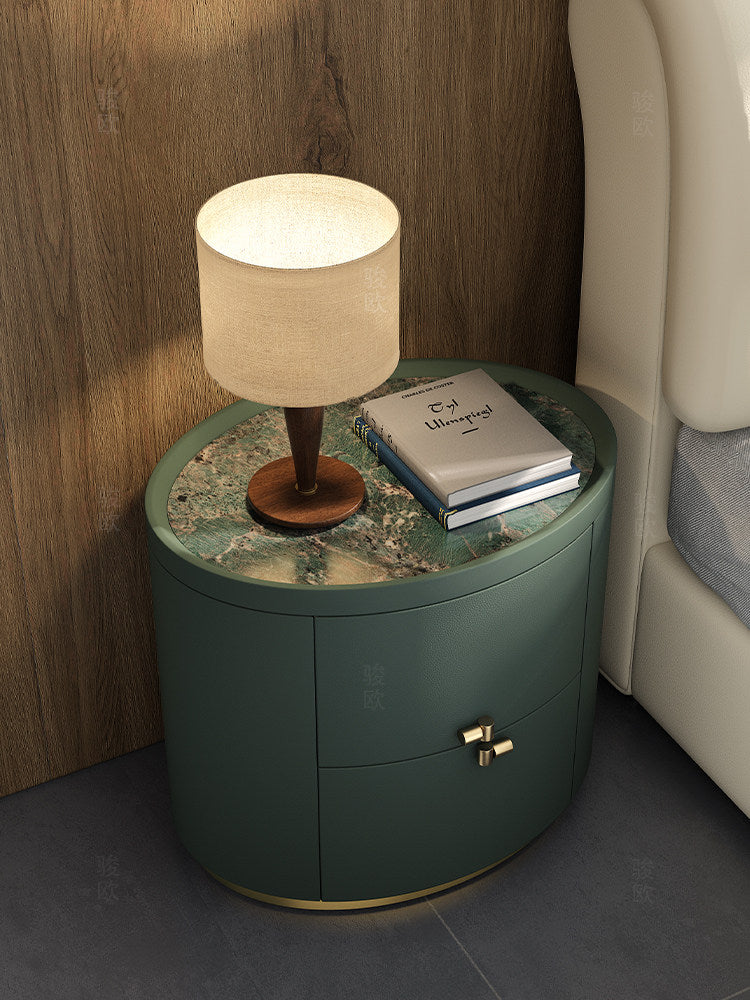 Deep Green Oval Nightstand with 2 Drawers, Modern Leather Look Bedside Table with Stone Pattern Top, Gold Tone Base and Solid Wood Frame, Luxury Accent End Table for Bedroom, Living Room
