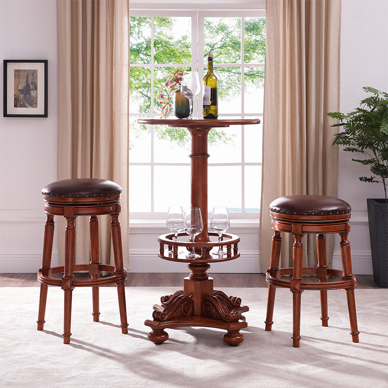 Brown Solid Wood Round Bar Table, Carved Pedestal, 24 Inch