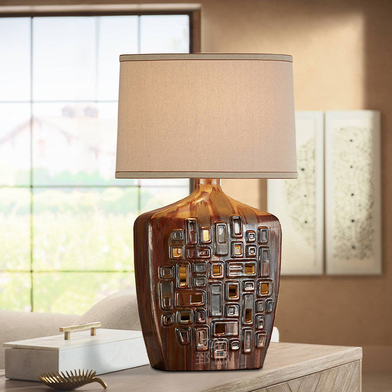 Retro Metallic Glaze Ceramic Table Lamp with Fabric Shade, Hollow Geometric Bedside Lamp with E27 Socket and Button Switch, Decorative Nightstand Lamp for Bedroom Living Room