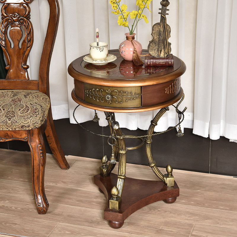 Round Wood Side Table with Glass Top, Drawer and Metal Base