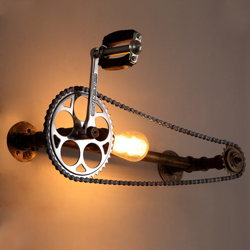 Vintage Industrial Bicycle Gear Wall Sconce, Metal Pipe Wall Lamp with Chain Wheel Design, E27 Single Light Fixture for Bar, Cafe, Restaurant, Living Room, Hallway