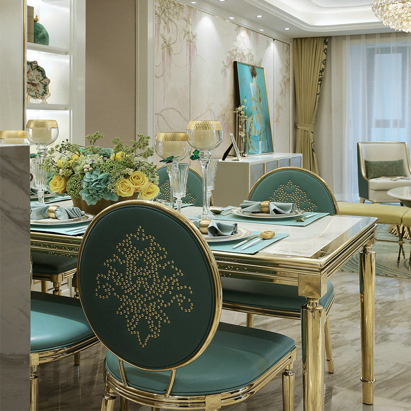 Sage Green Upholstered Oval Back Dining Chair, Antique Gold Stainless Steel Frame with Decorative Stud Pattern, Luxury Side Chair for Dining Room, Kitchen, Hotel and Banquet