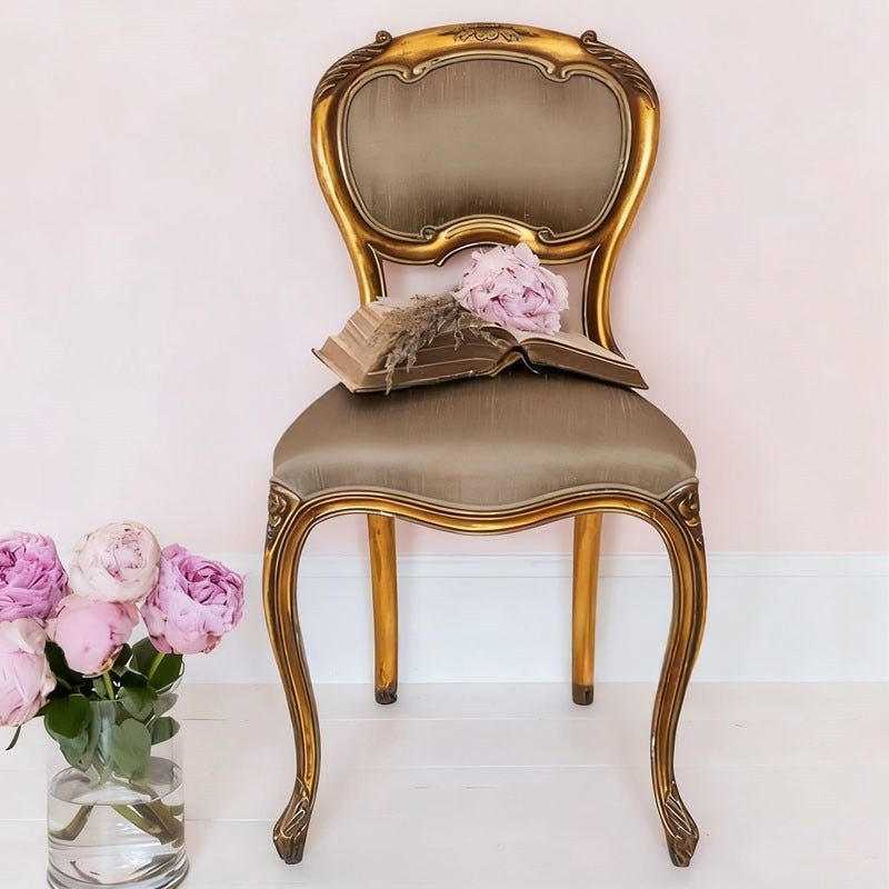 Antique Gold Solid Wood Dining Chair, French Rococo-Inspired Carved Side Chair with Champagne Beige Velvet Upholstered Seat and Back for Dining Room, Bedroom, Vanity and Reception