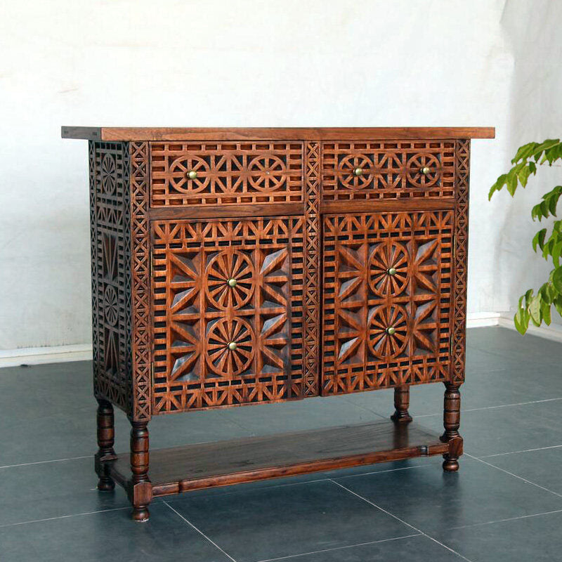 Hand-Carved Solid Wood Entryway Cabinet, 2-Door Storage Sideboard with 2 Drawers, Geometric Floral Cutout Panels, Lower Shelf and Turned Legs for Foyer, Living Room or Dining Room