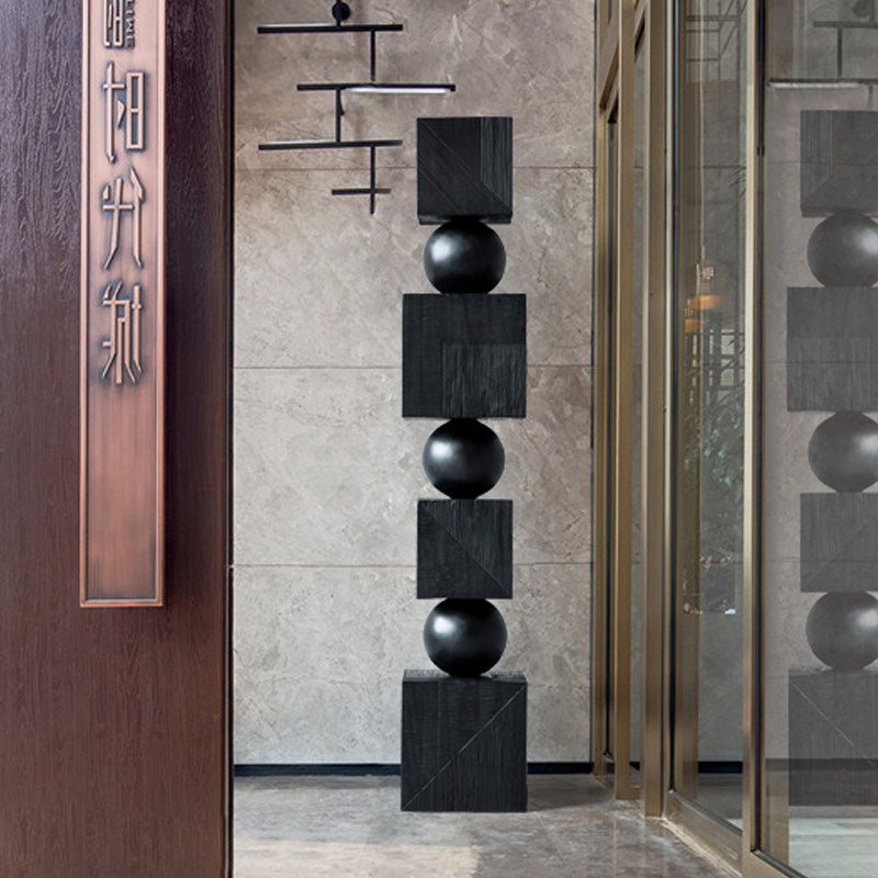 Black Geometric Wood Floor Sculpture, Tall Abstract Stacked Cube and Sphere Statue, Modern Carved Wooden Column Decor for Hotel Lobby, Entryway, Living Room, Office and Gallery