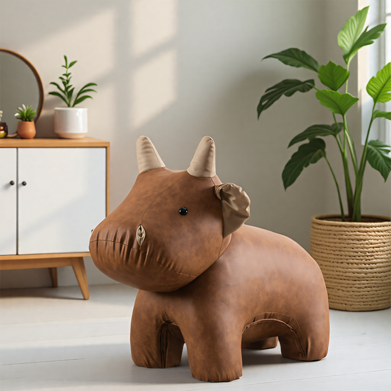 Brown Calf-Shaped Accent Stool, Upholstered Animal Seat with Rounded Body, Horns and Tail, Sculptural Ottoman for Entryway, Living Room, Bedroom and Playroom Décor