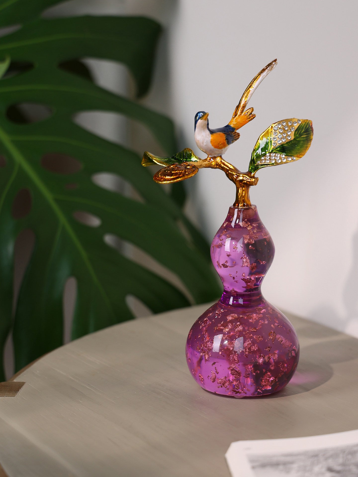 Purple Glass Gourd Bird Figurine with Enameled Leaves, Table Decor