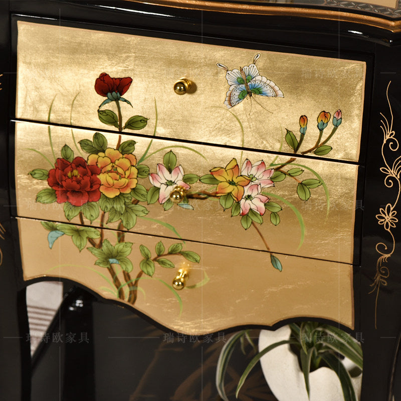 Black Accent Chest with 3 Drawers and Hand-Painted Floral Panels