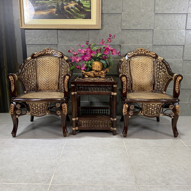 Ornate Natural Rattan High Back Armchair with Woven Cane Seat