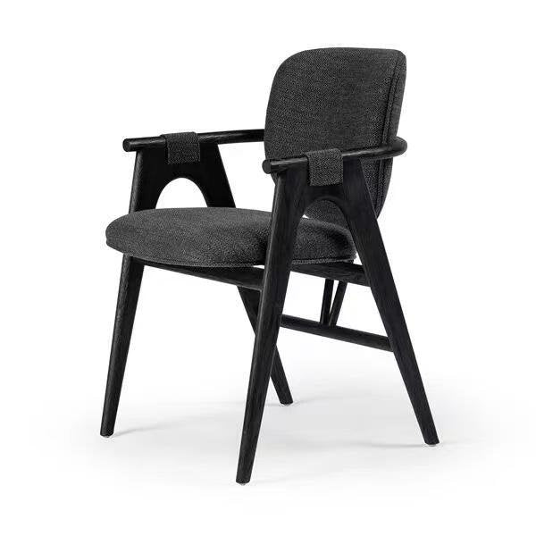 Black Solid Wood Dining Chair with Arms, Upholstered Linen Fabric Seat and Back, Modern Minimalist Accent Chair for Dining Room, Kitchen, Study, Cafe, Hotel, and Restaurant Seating