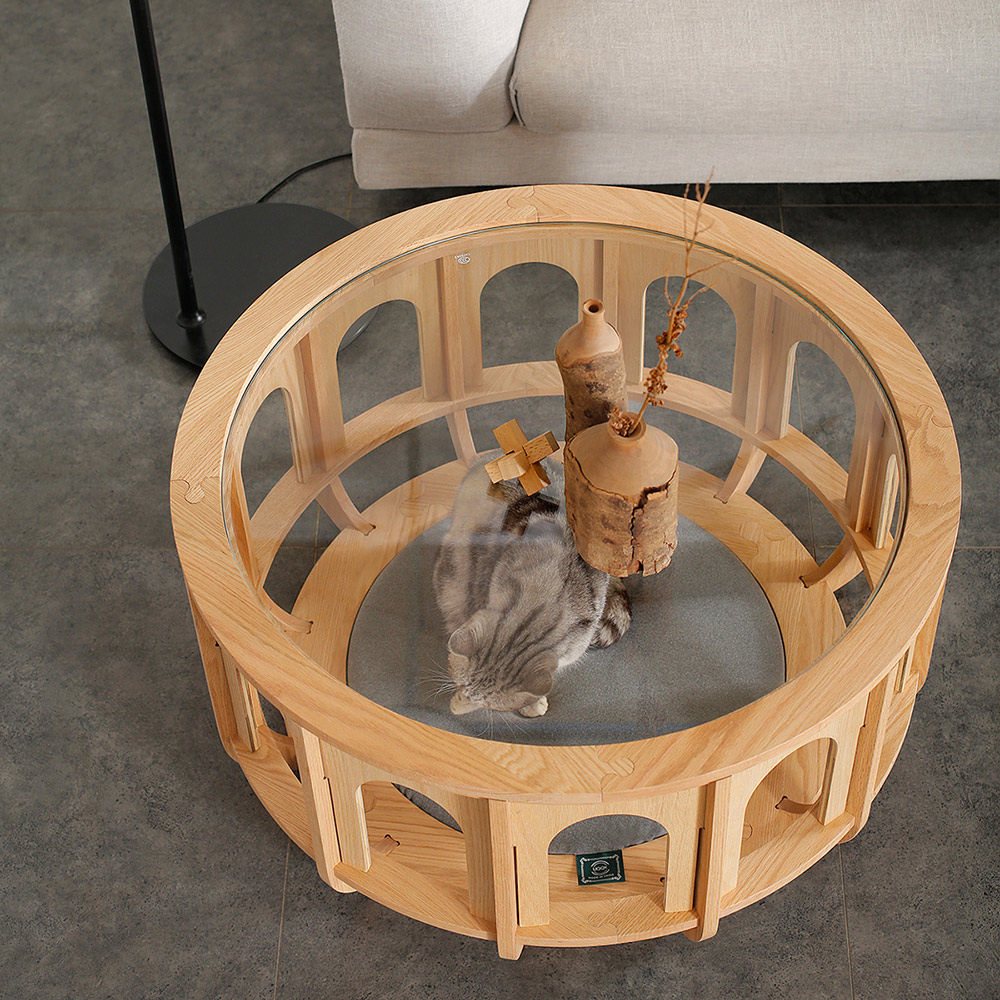 Natural Solid Red Oak Round Cat Coffee Table with Glass Top and Pet Bed