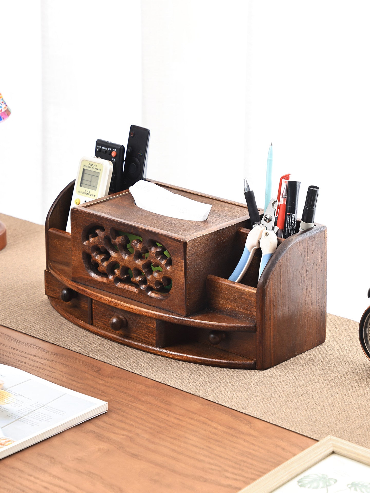 Teak Solid Wood Tissue Box Cover and Remote Control Organizer, Carved Multifunctional Desktop Storage Caddy with Side Compartments and Drawers for Coffee Table, Living Room or Office