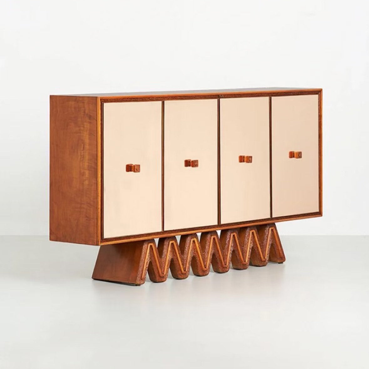 Modern Solid Wood Sideboard Cabinet, 4 Door Buffet Storage Cabinet with Geometric Wood Base, Cream and Walnut Dining Room Credenza, Living Room Accent Cabinet