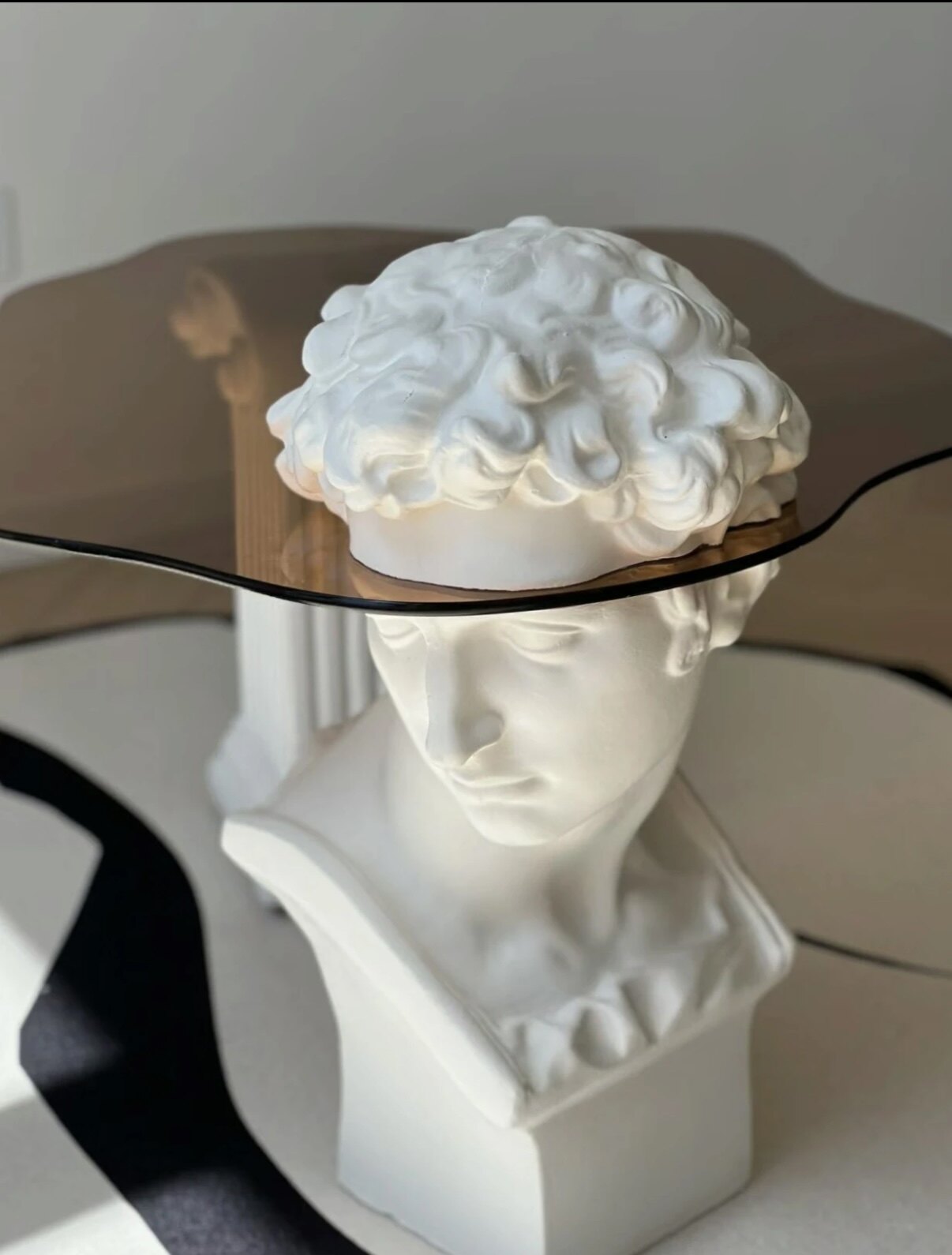 Oval Glass Coffee Table with Classical Bust and Ionic Column Base