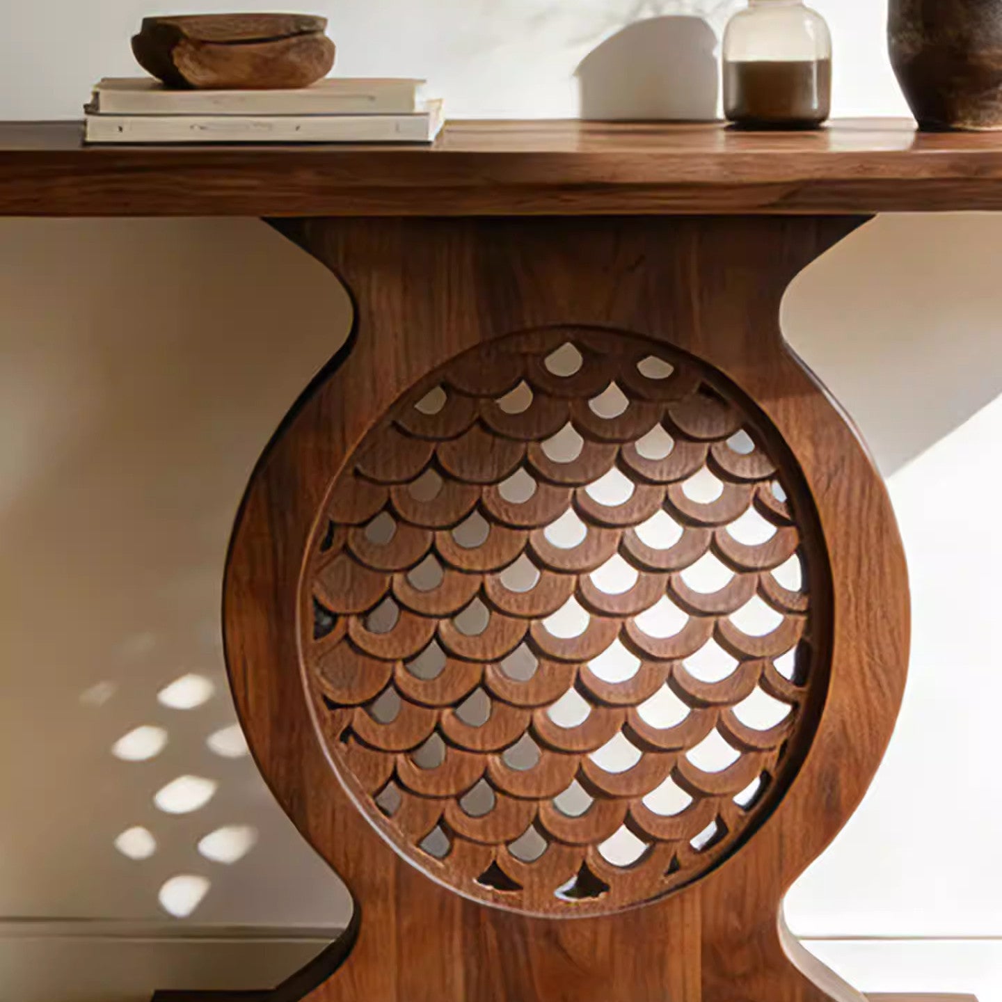 Solid Ash Wood Console Table with Carved Round Pedestal Base