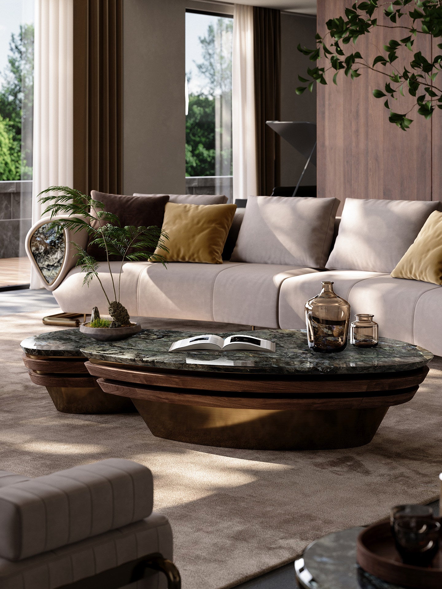 Sapphire-Tone Natural Stone Nesting Coffee Table Set, 2 Piece Shell Shaped Coffee Tables with Antique Bronze Base, Modern Luxury Center Table Set for Living Room, Lounge, Villa
