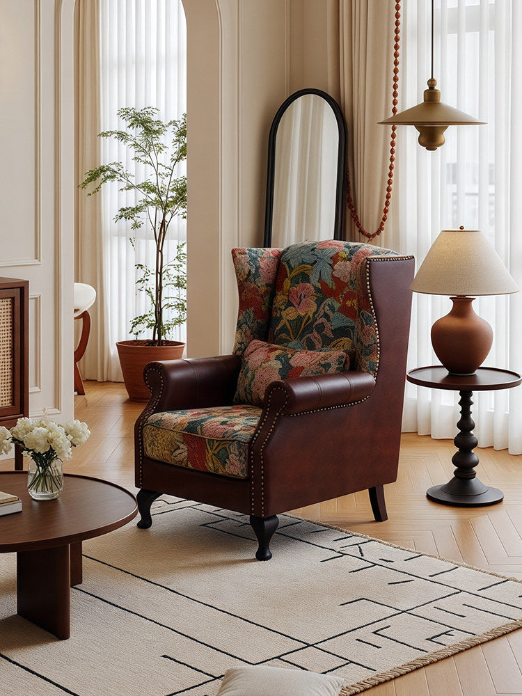 Floral Wingback Accent Chair, Vintage Upholstered Armchair with Nailhead Trim for Living Room, Bedroom, Reading Nook and Lounge