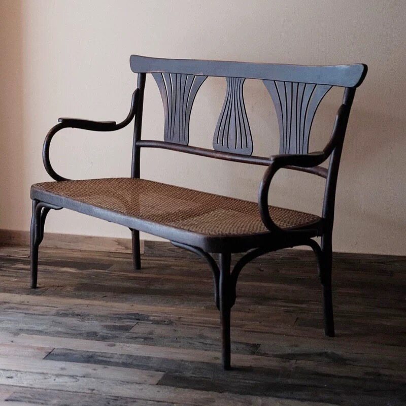 Dark Wood Cane Loveseat Bench with Fan Back and Arms