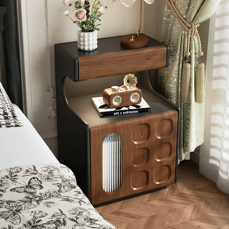 Walnut Bedside Table with LED Light and 2-Door Storage Cabinet