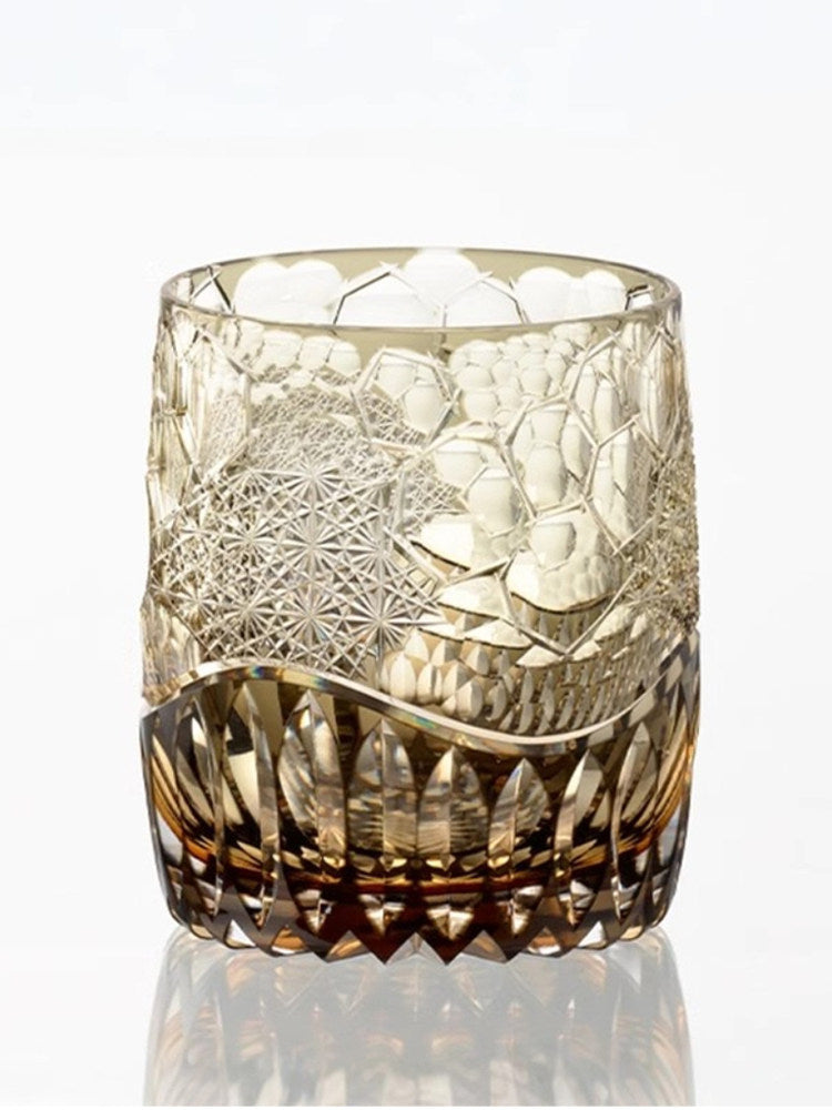 Amber Cut Glass Whiskey Tumbler, 11.2 oz Heavy Base Rocks Glass with Intricate Floral and Geometric Pattern for Bourbon, Scotch, Cocktails and Home Bar, Single Glass