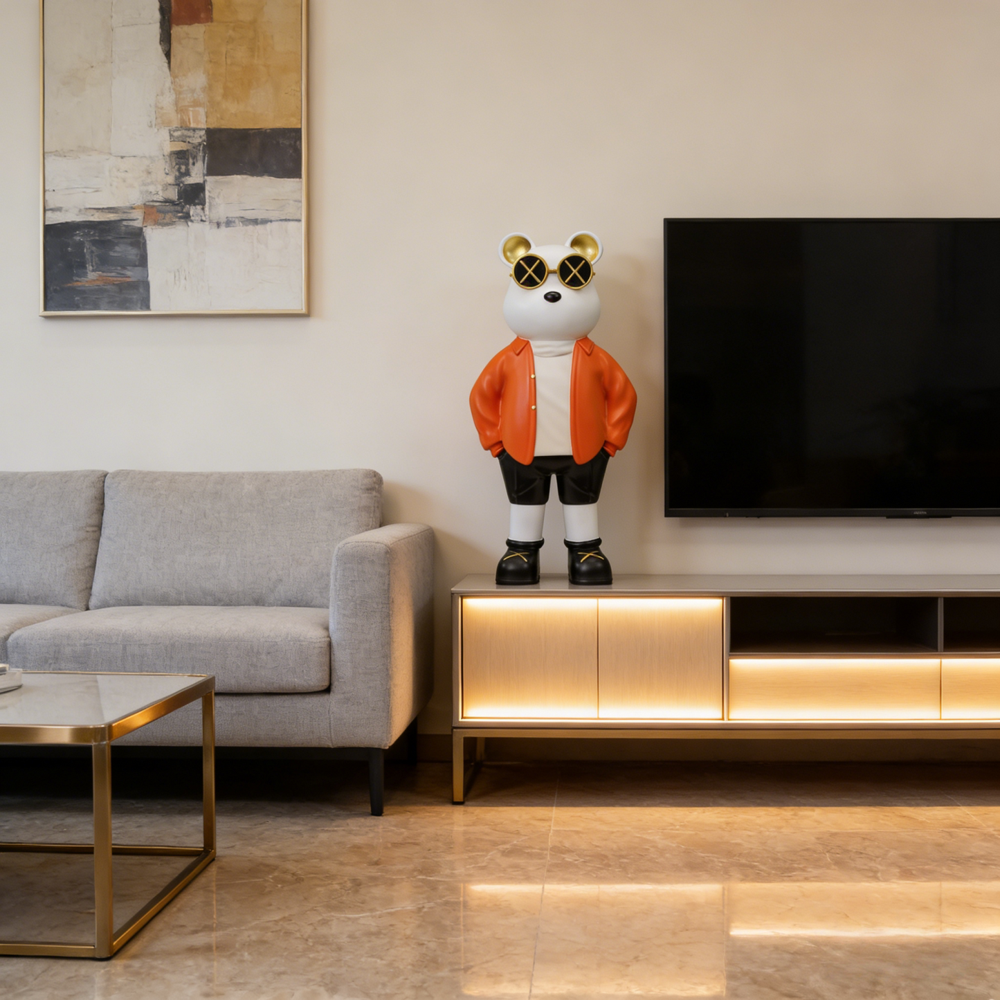Large Bear Statue with Sunglasses, Orange Floor Decor for Living Room