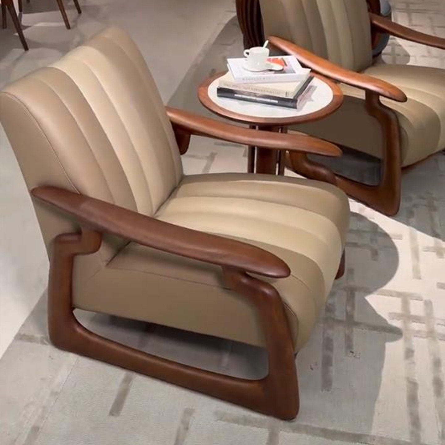 Beige Upholstered Accent Chair with Black Walnut Wood Frame