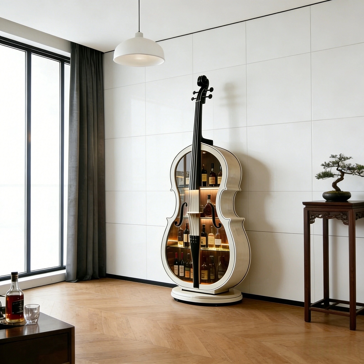 Cello Shaped Liquor Cabinet with LED Lighting, Ash Wood Display Storage