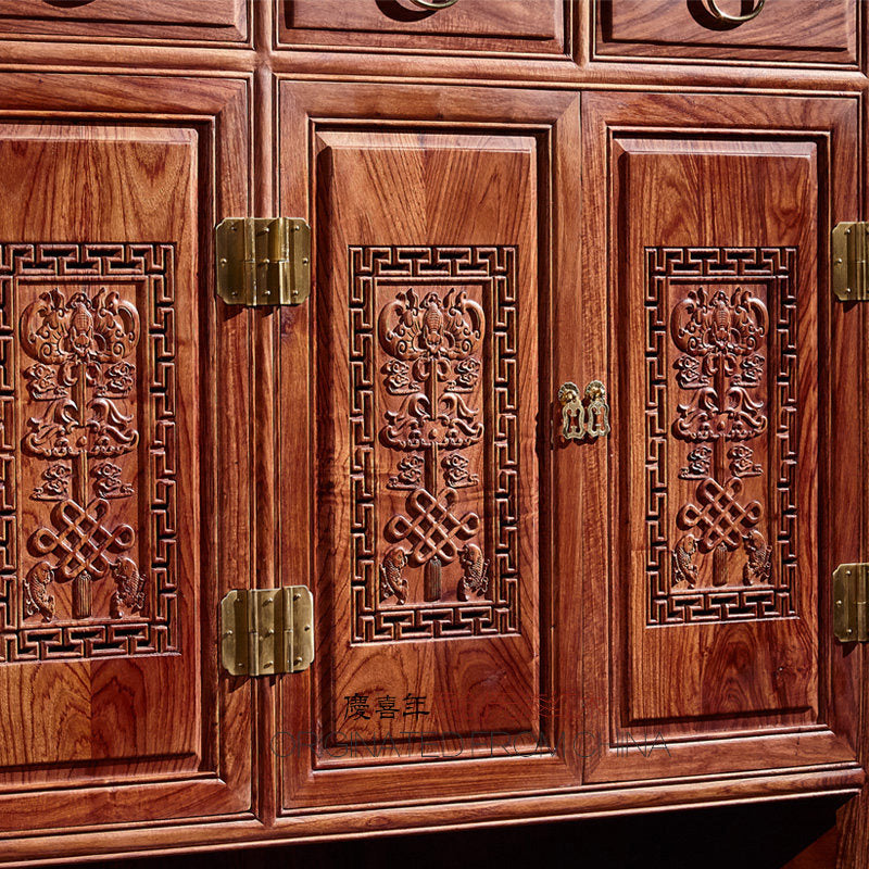 Reddish Brown Solid Wood Shoe Cabinet, 4-Door 4-Drawer Entryway Storage Organizer with Carved Panels and Open Bottom Shelf for Foyer, Hallway, Bedroom and Living Room