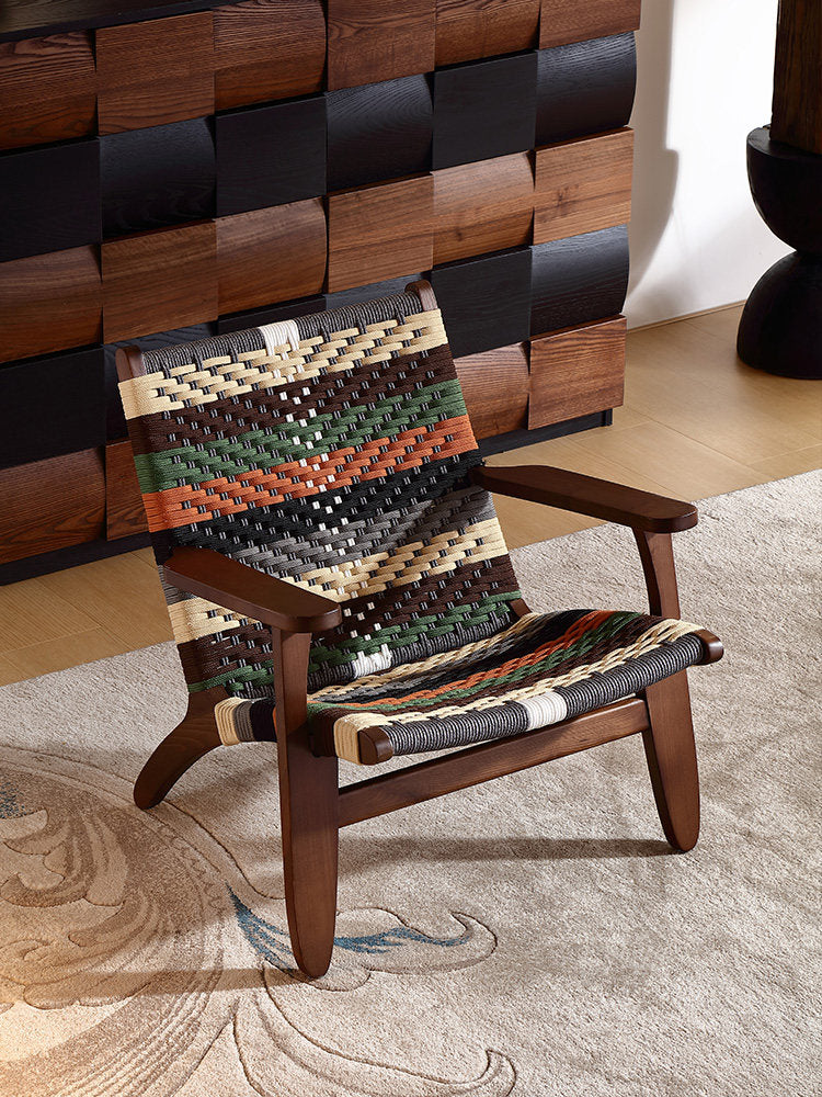 Solid Ash Wood Woven Rope Accent Chair, Multicolor Mid-Century Lounge Armchair for Living Room, Bedroom, Balcony and Reading Nook