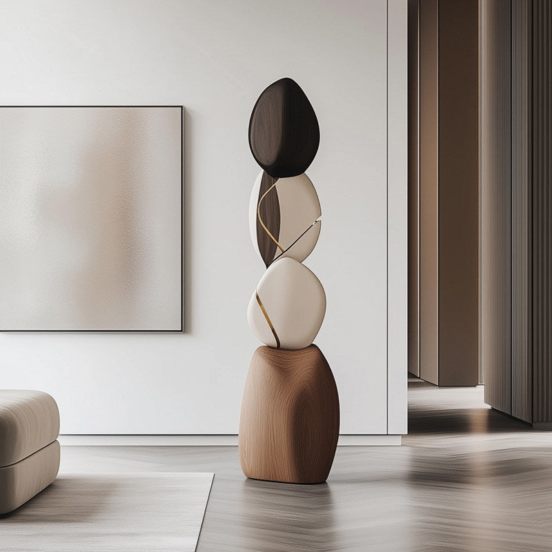 Modern Abstract Wood Floor Sculpture, Tall Carved Organic Stacked Statue, Brown and Ivory Decorative Art Accent for Hotel Lobby, Entryway, Living Room, Villa, Office and Gallery Decor