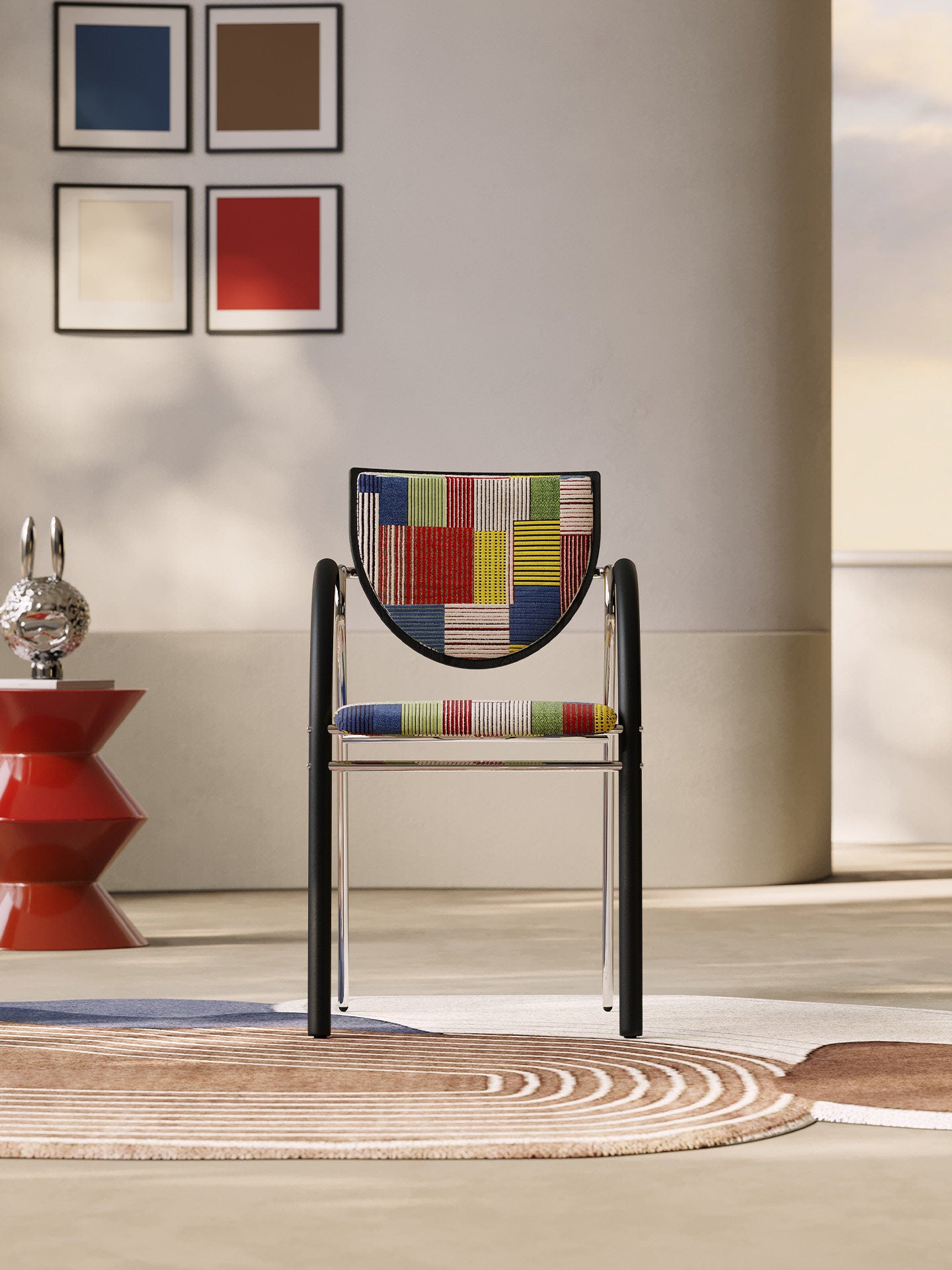 Multicolor Striped Upholstered Dining Chair with Arms, Modern Fabric Accent Chair with Curved Metal Frame, Padded Side Chair for Dining Room, Kitchen, Bedroom, Vanity, Cafe Seating