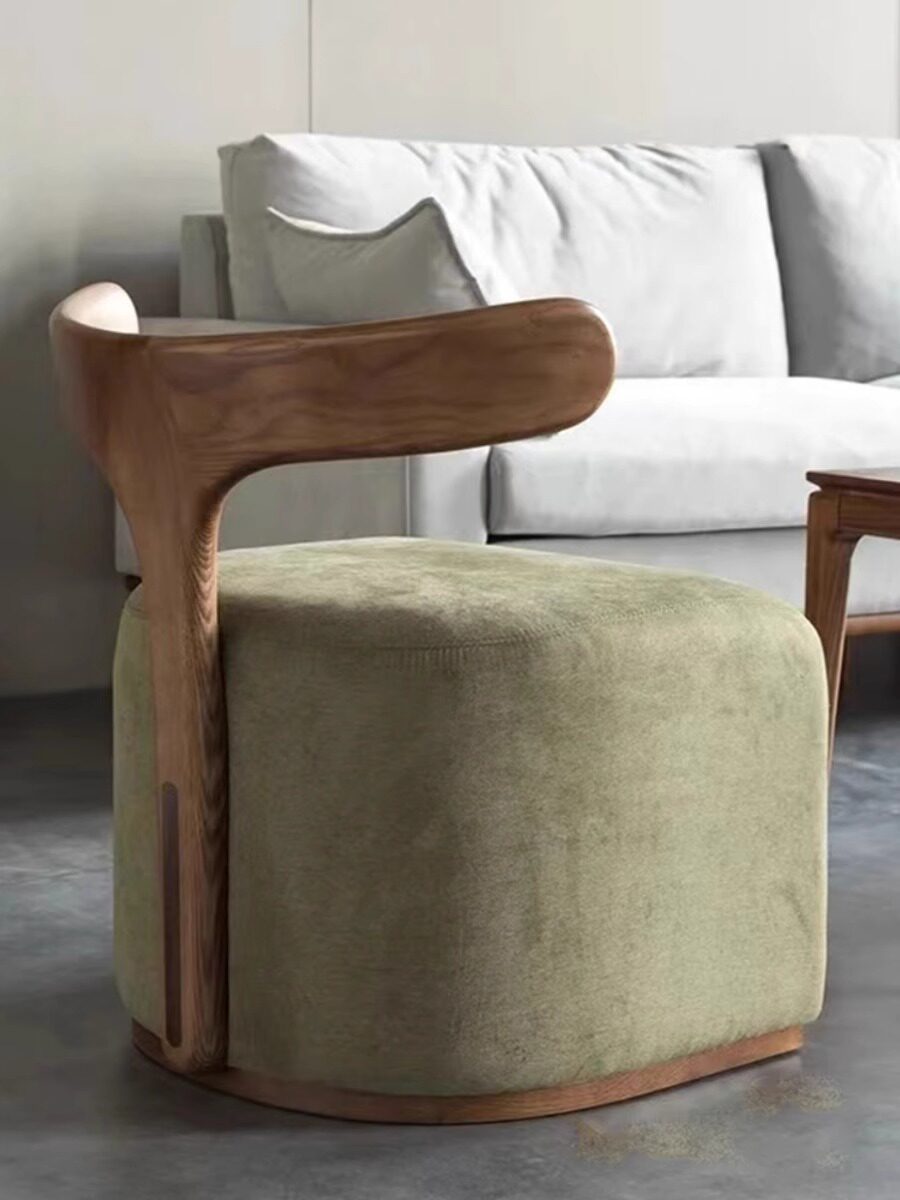 Modern Nordic Solid Wood Vanity Stool with Backrest, Round Upholstered Linen Makeup Chair, Walnut Finish Dressing Table Stool, Entryway Shoe Bench, Accent Ottoman Seat for Bedroom Living Room