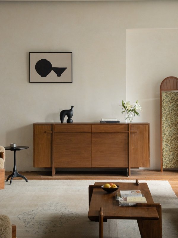 Solid Wood Sideboard Buffet Cabinet, Mid Century Storage Cabinet with Drawers and Doors, Modern Walnut Finish Dining Room Console Cabinet for Living Room, Kitchen, Entryway, and Hallway