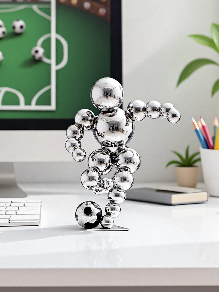 Metal Soccer Player Sculpture, Modern Football Desk Decor, Silver