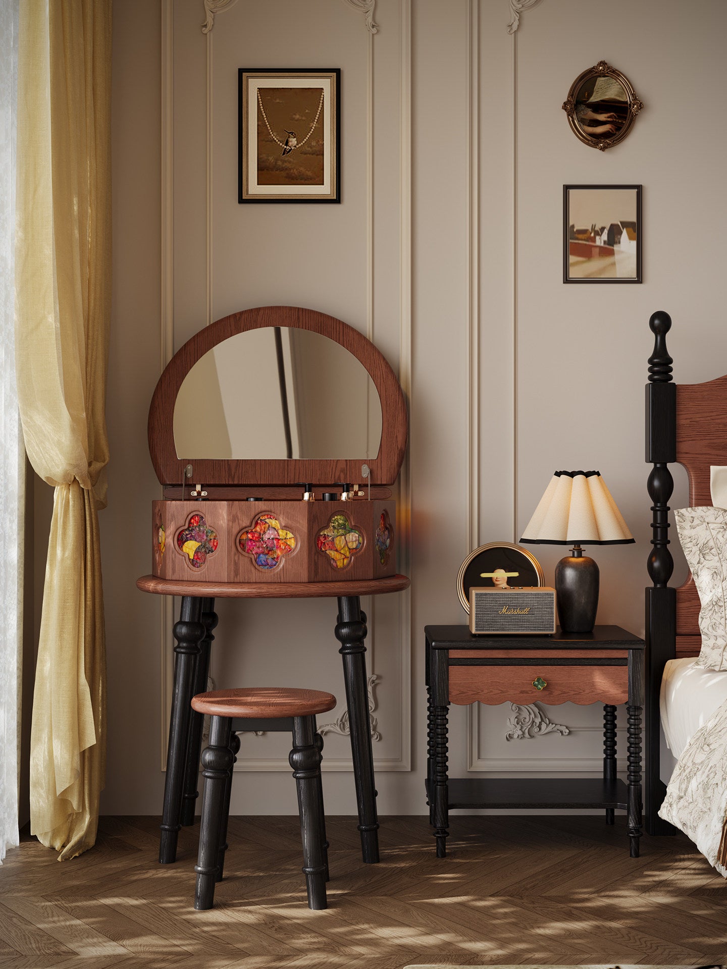 Solid Oak Vanity Table with Flip-Top Mirror, Rotating Jewelry Organizer and Stool