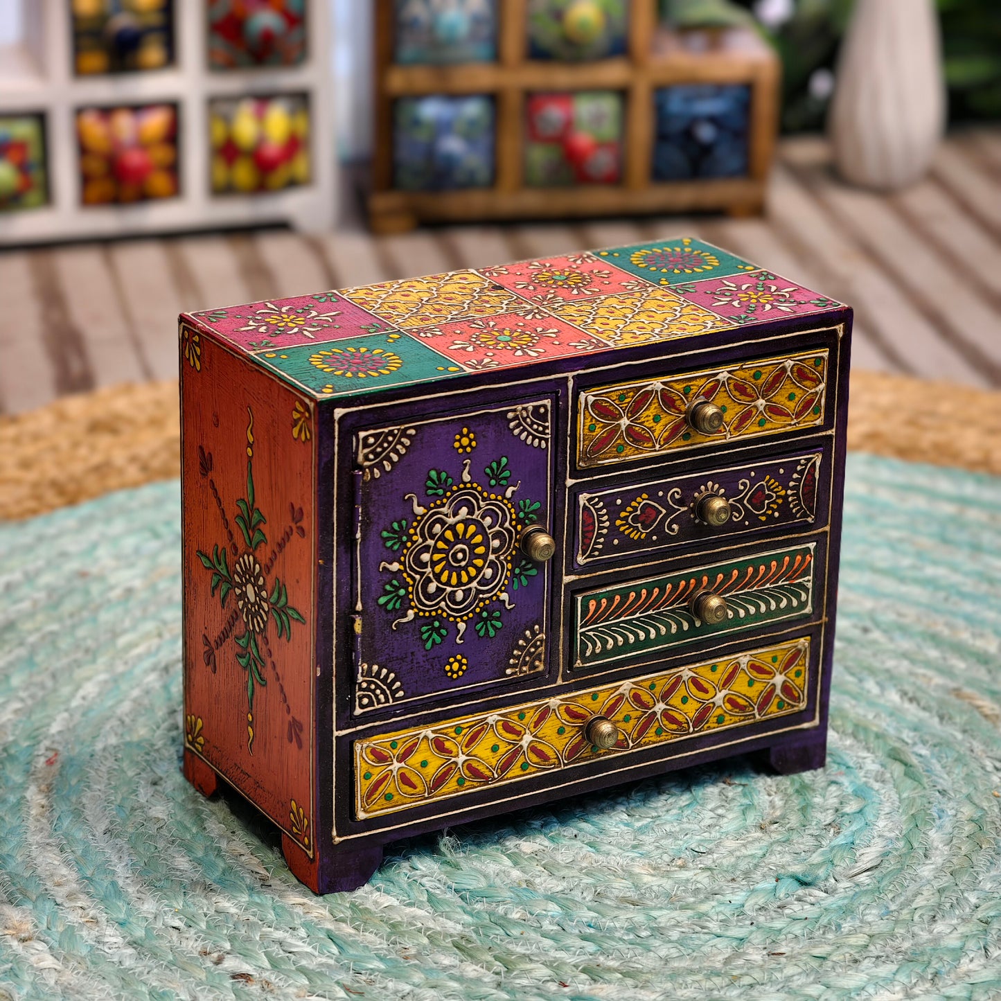 Multicolor Hand-Painted Wood Jewelry Box with Door and 4 Drawers