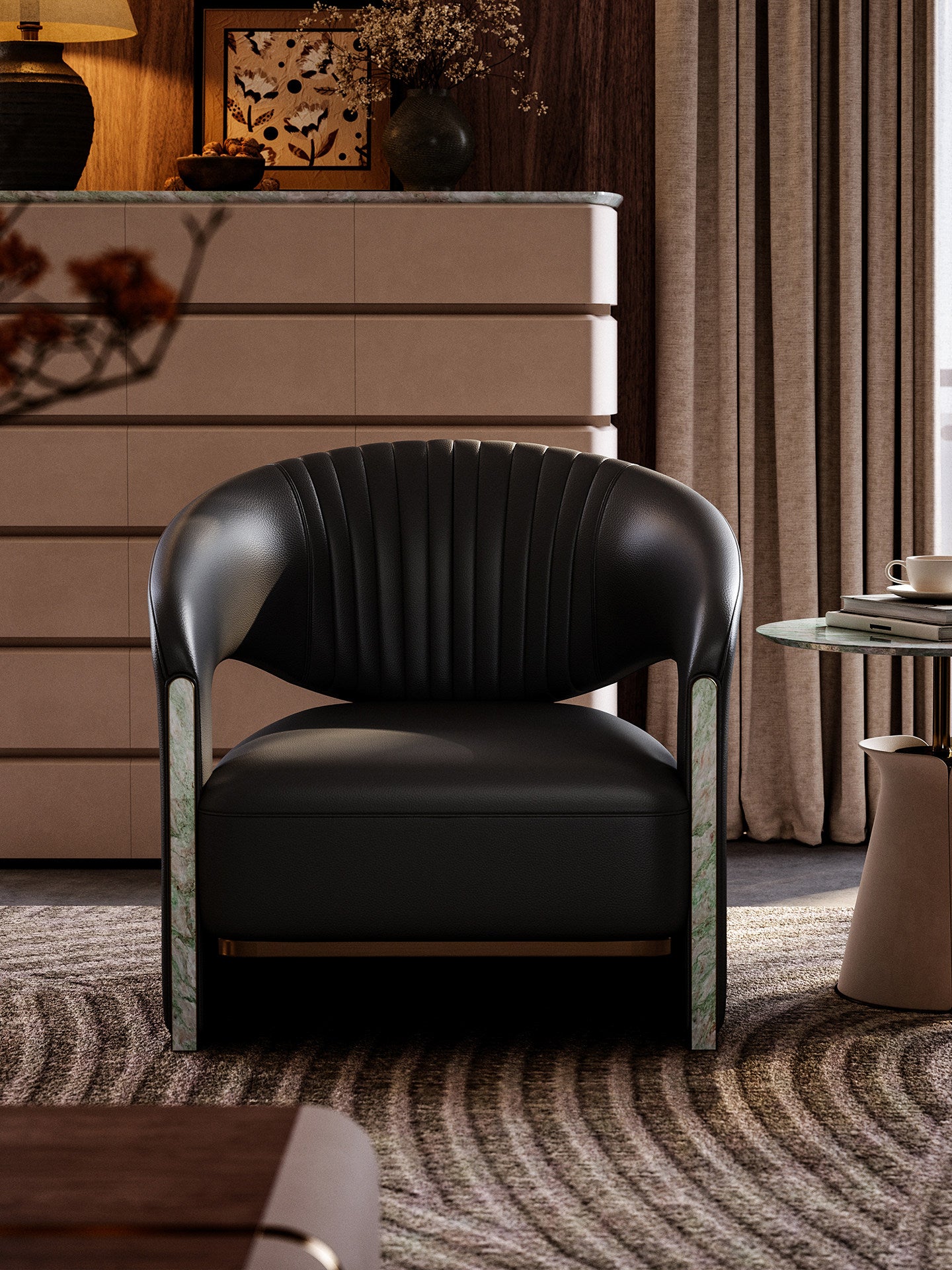 Black Leather Accent Chair, Modern Lounge Chair with Turquoise Stone Arm Accents, Bronze Detail Single Sofa Chair, Curved Back Armchair for Living Room, Bedroom, Villa, Office