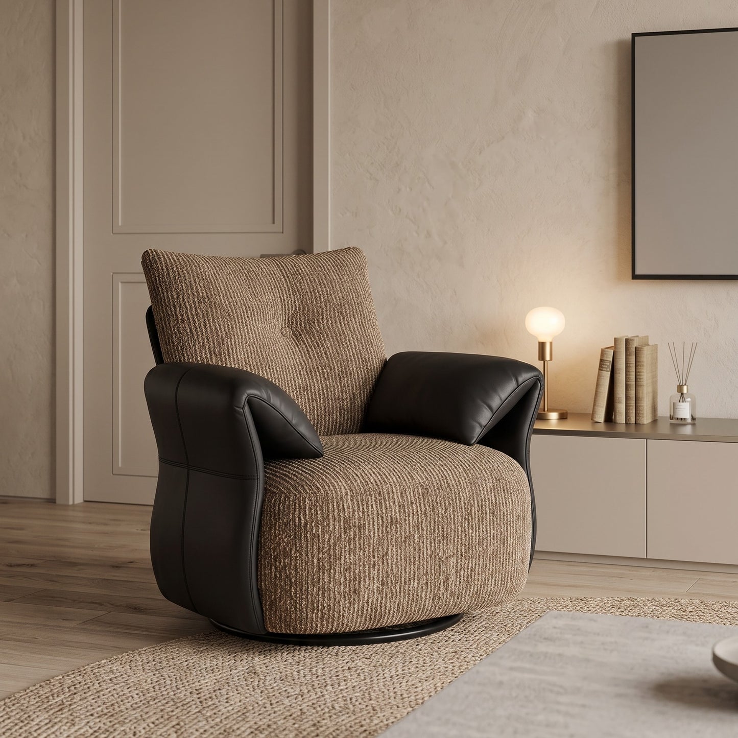 Brown Chenille Accent Chair with Black Faux Leather Arms