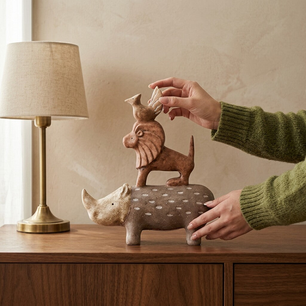 Rustic Brown Resin Stacked Animal Figurine, Rhino Lion and Bird Totem Sculpture, Wabi-Sabi Wildlife Tabletop Décor for Living Room, Entryway, Bookshelf, Office and Bedroom