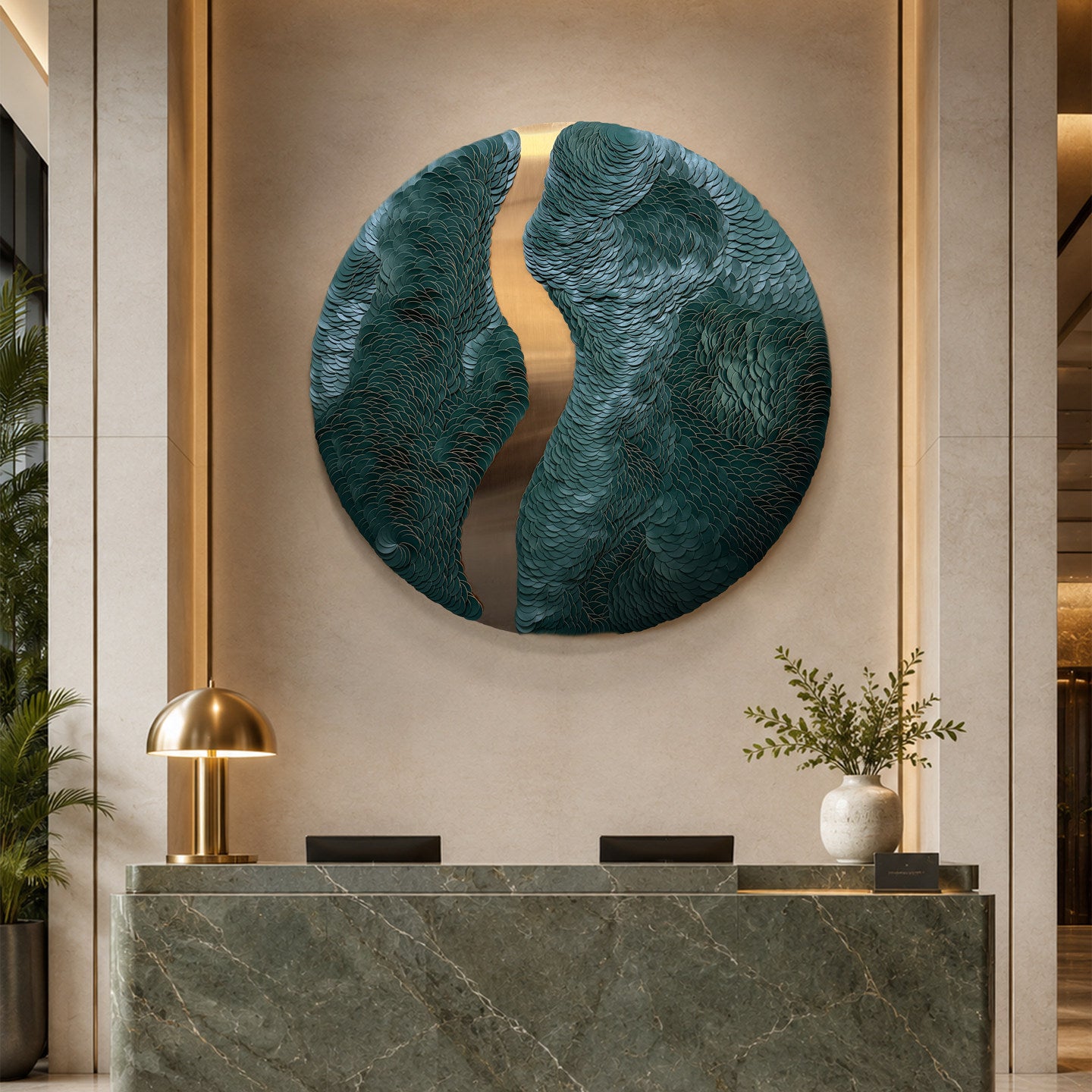 3D Leather Wall Art 31.5 Inch, Round Dark Green Abstract Wall Sculpture