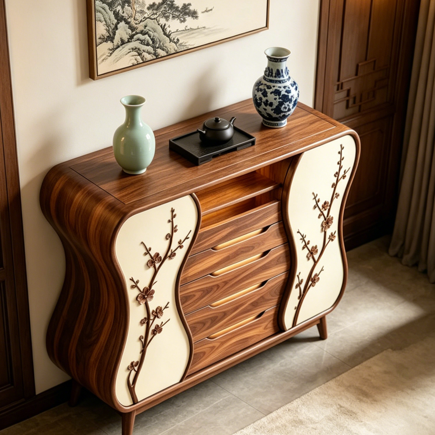 Ash Wood 5-Drawer Dresser with Floral Panels and Open Shelf