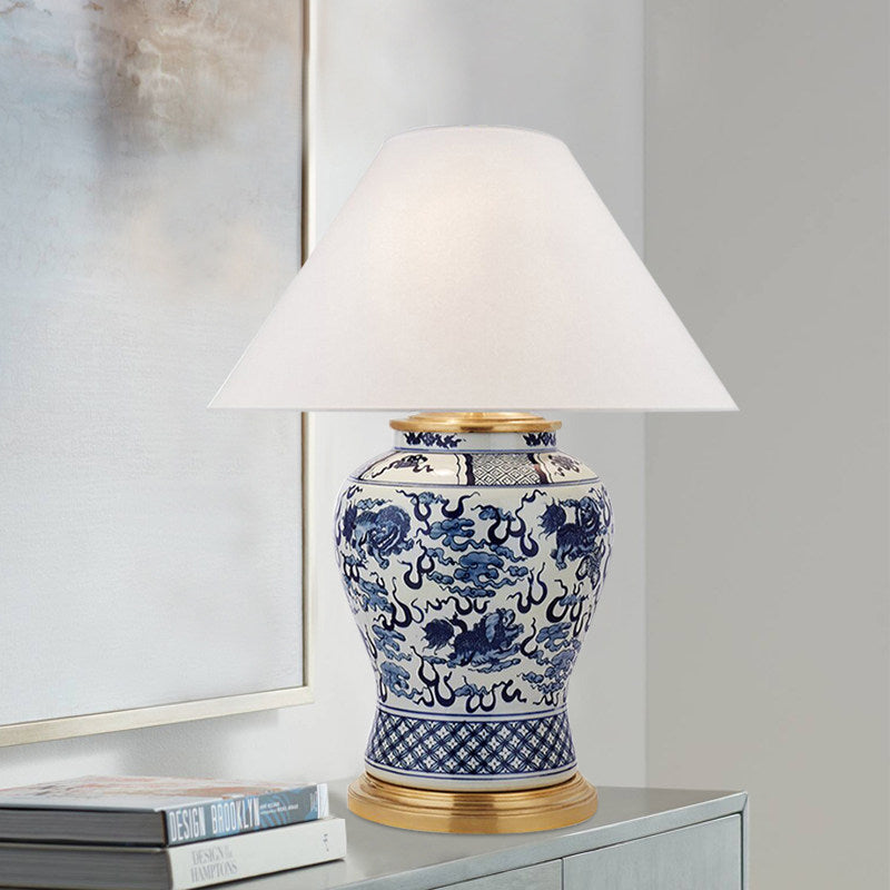 Large Blue and White Ceramic Table Lamp with Brass Accents, Hand Painted Porcelain Jar Bedside Lamp with Fabric Shade, E27 Socket and Button Switch for Bedroom Living Room