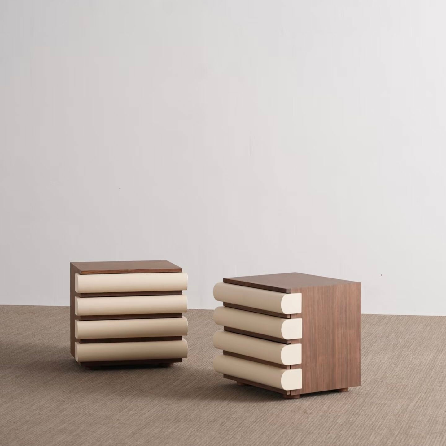 Cream and Walnut Wood Nightstand with 4 Drawers for Bedroom