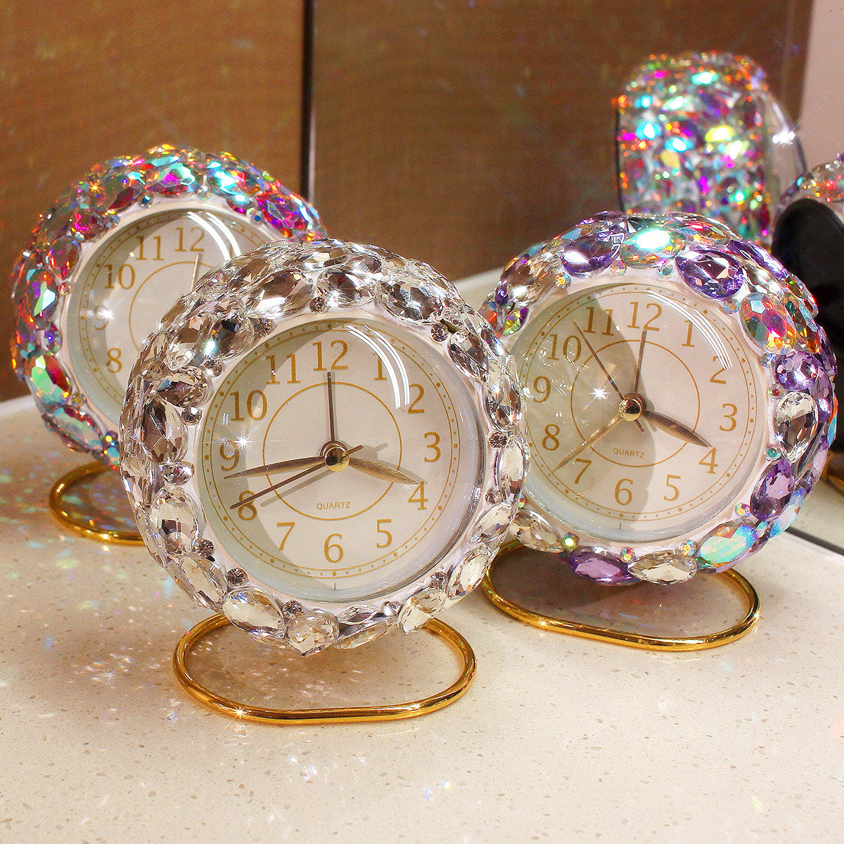 White Rhinestone Analog Alarm Clock for Bedroom Desk Decor