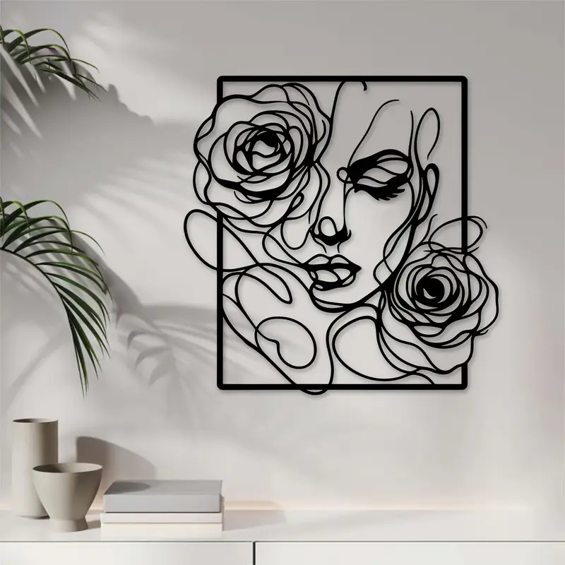 Black Metal Woman Face Wall Art with Roses, Modern Female Line Art Wall Decor, Minimalist Floral Portrait Wall Hanging for Beauty Salon, Bedroom, Living Room, Spa, Vanity Room