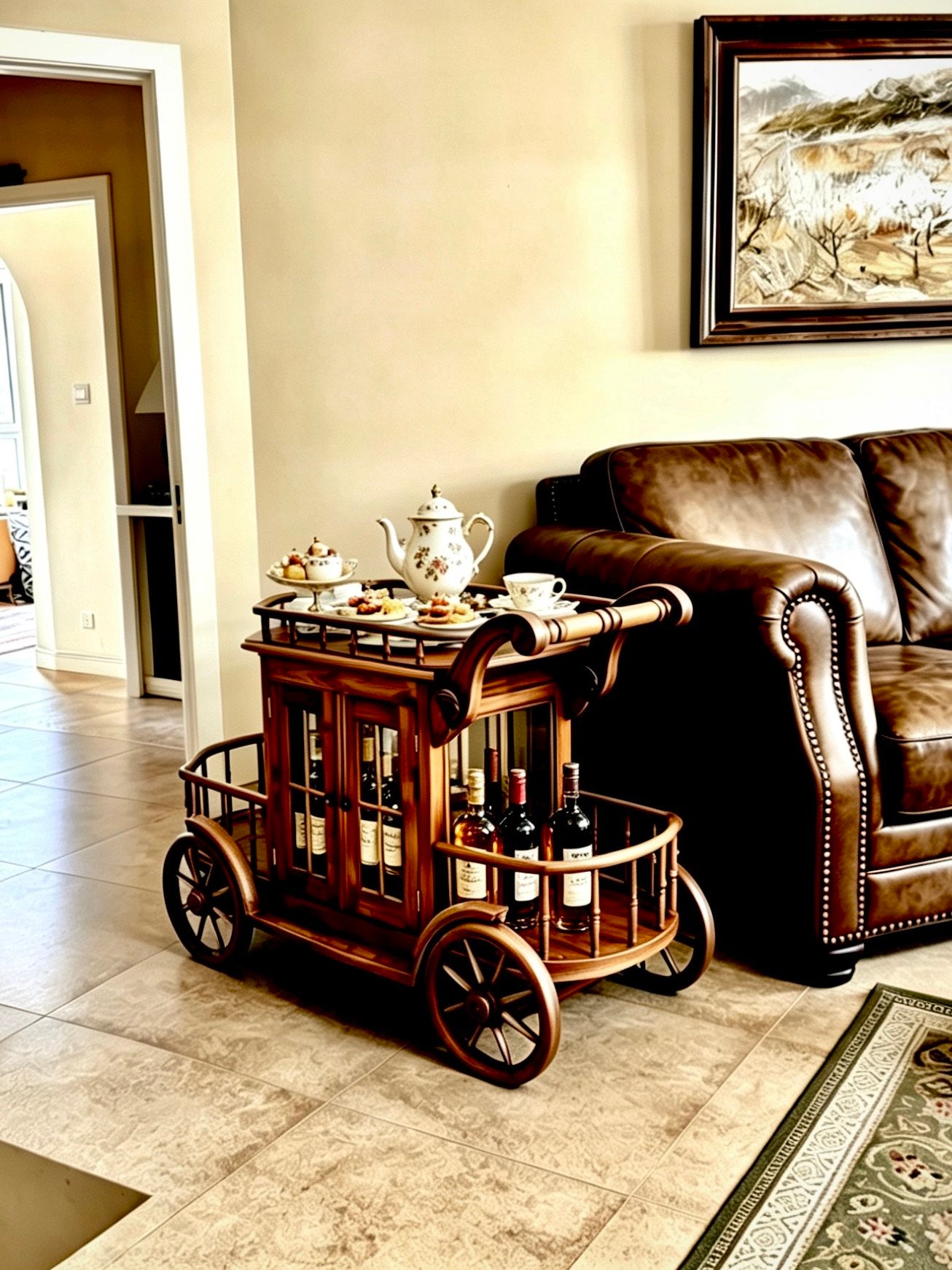Solid Teak Rolling Bar Cart with Glass Cabinet and Bottle Racks