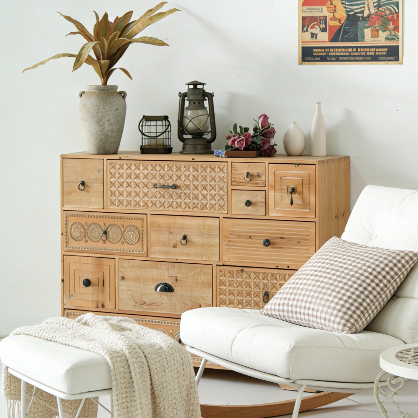 Solid Wood 12-Drawer Storage Chest, Rustic Carved Accent Cabinet
